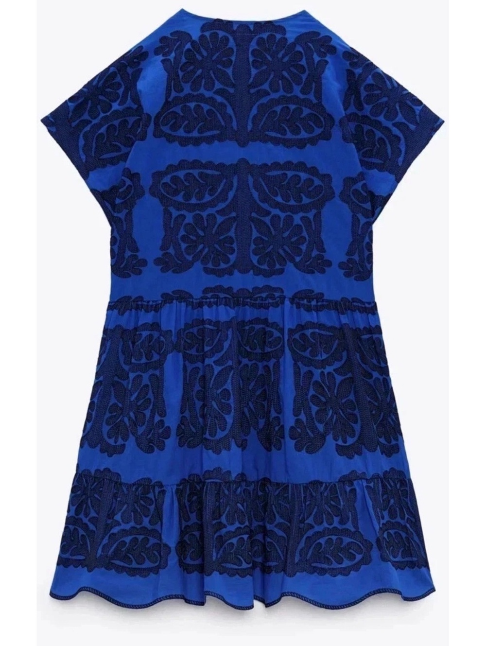 Zara Blue Black Embroidered Cotton Ruffle Hem Mini Peasant Dress XS - Picture 3 of 8